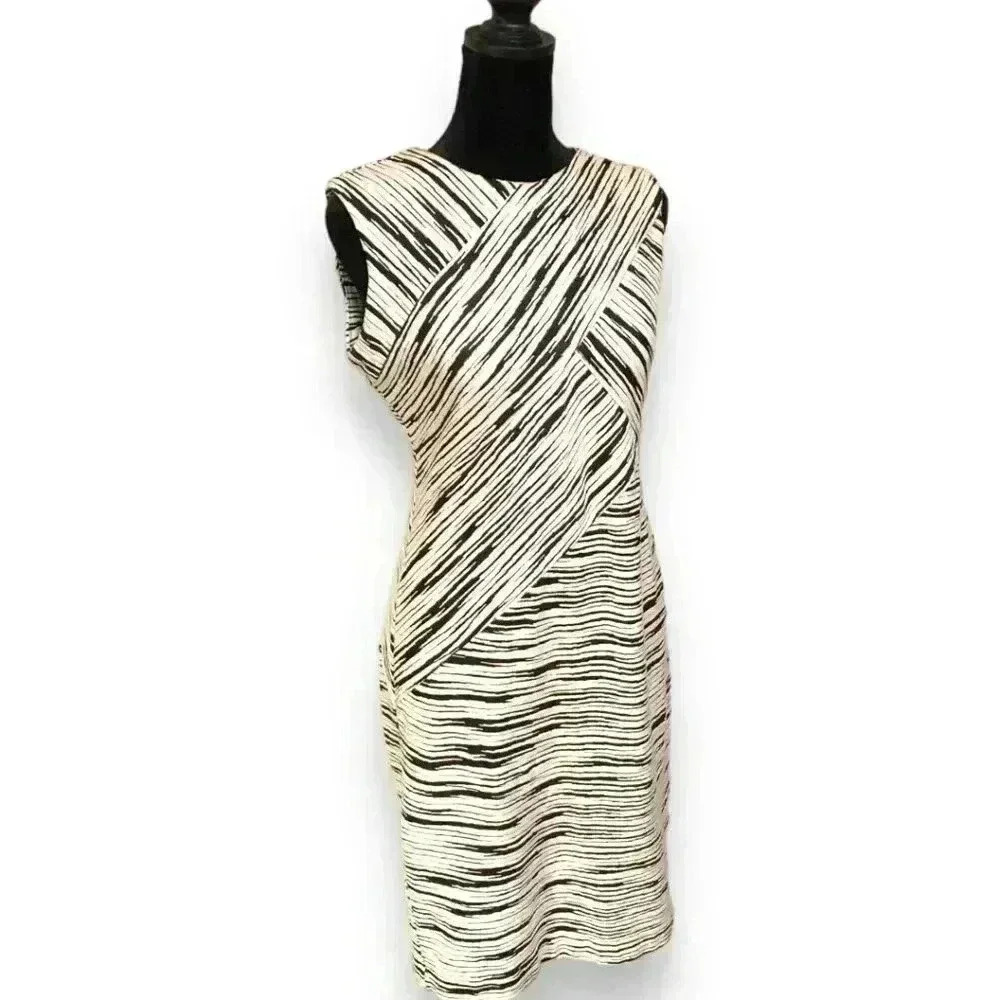 Calvin Klein Sleeveless Black and White Striped Stretch Bodycon Dress - Picture 2 of 16